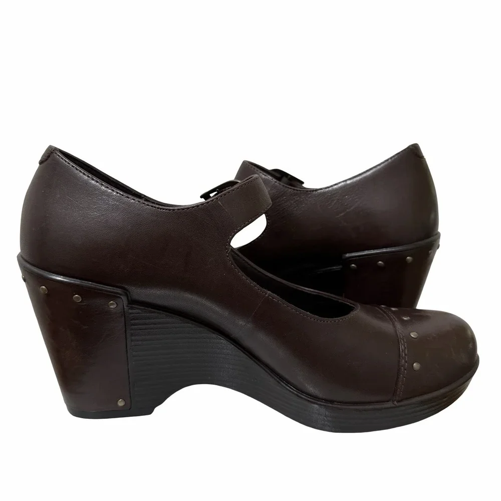 Dansko Leather Mary Jane Platform Wedge Womens EU 38 US 7.5-8 Brown Studded Clog